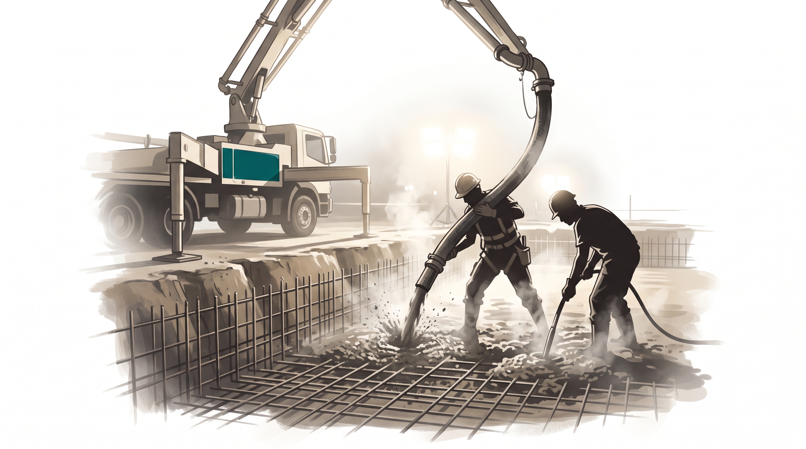 Concrete pouring into the raft at dawn