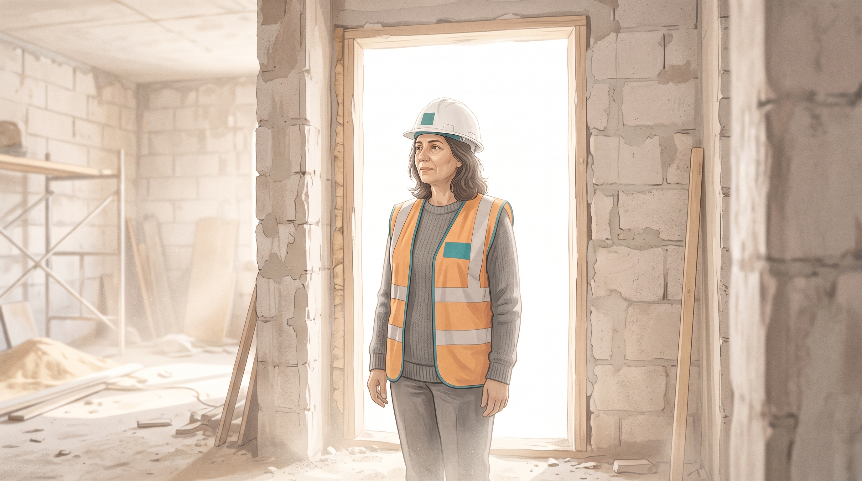 Mariam in a hard hat walking the finished shell