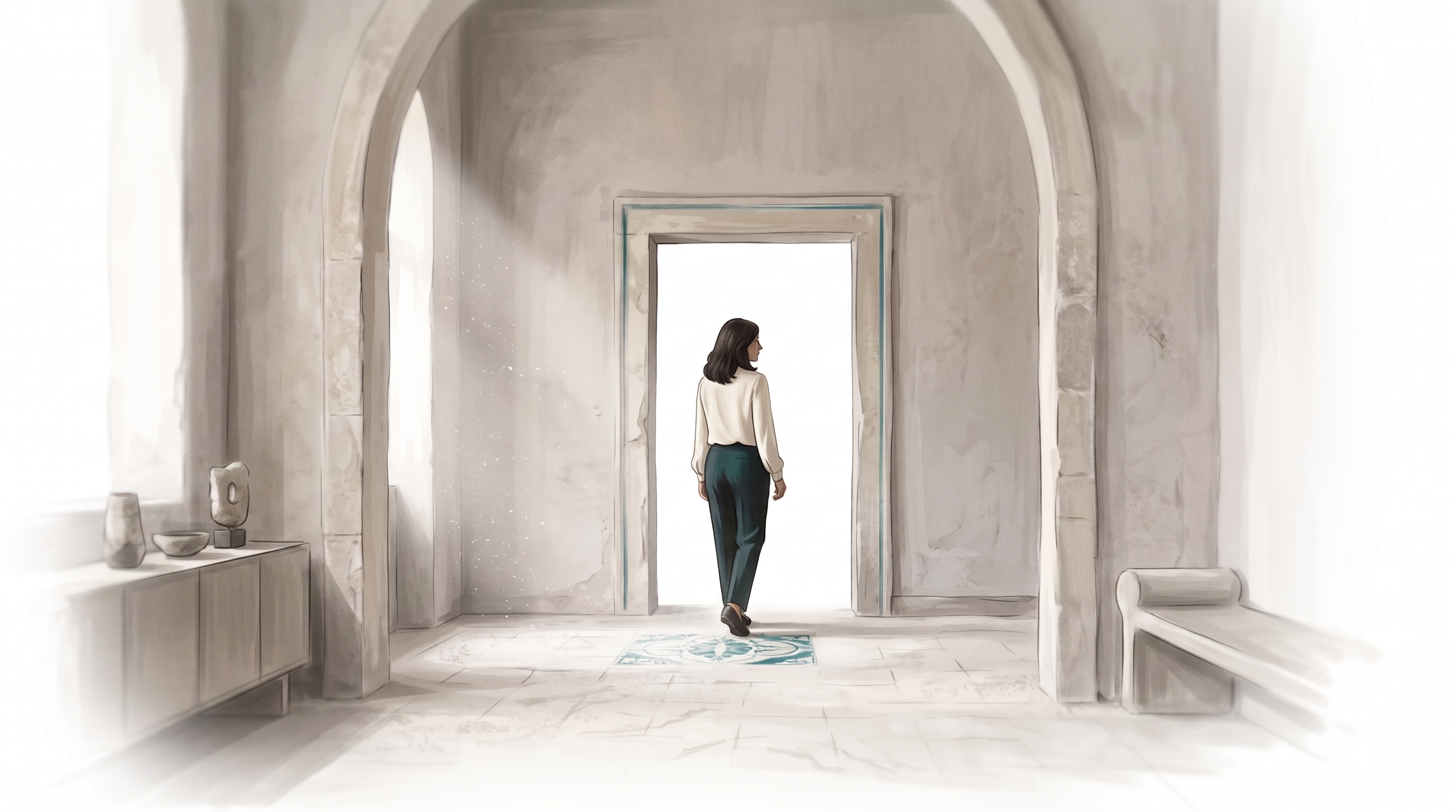 Mariam walking the finished home, same blocking as the old villa